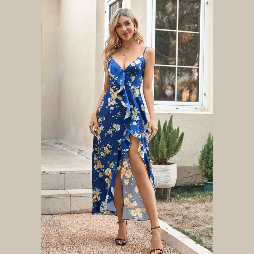 Cupshe Blue Floral Asymmetrical Ruffle Maxi Dress